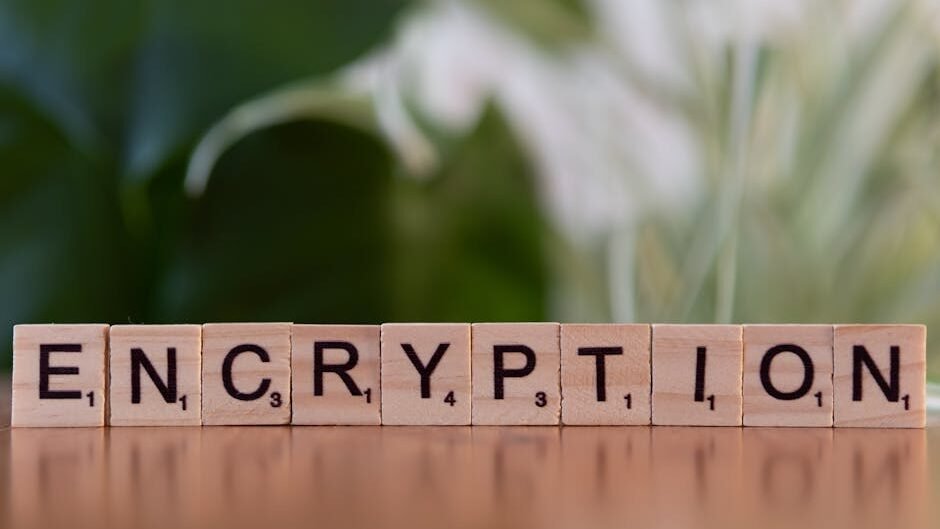 Close-up of wooden blocks spelling 'encryption', symbolizing data security and digital protection.