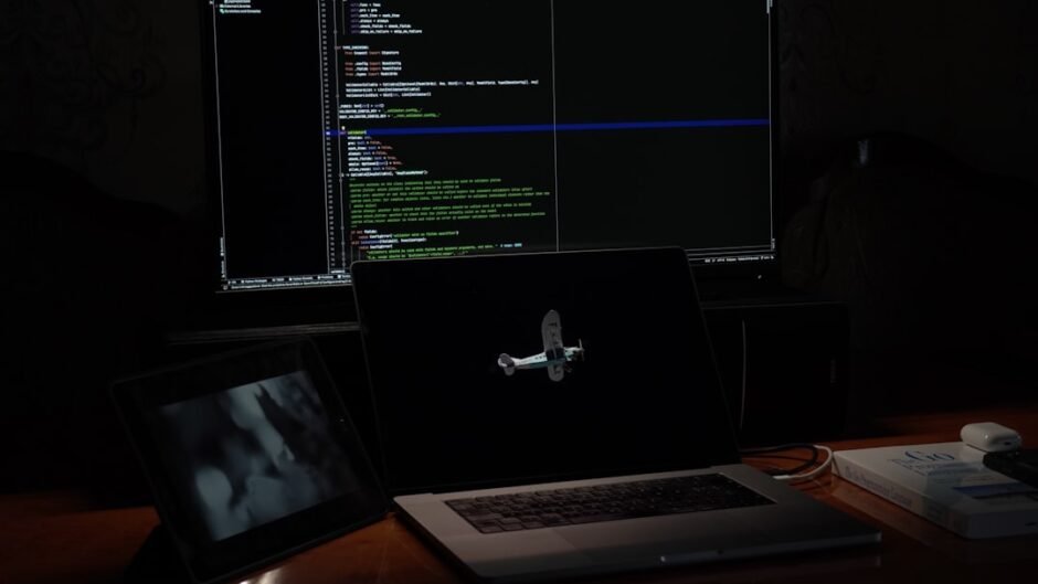 a laptop computer sitting on top of a wooden desk