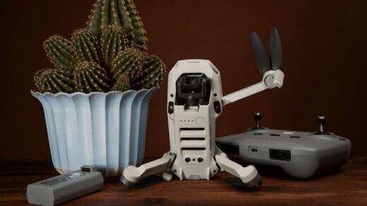 a robot holding a remote control next to a potted cactus