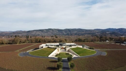 Stunning aerial view of Opus One Winery with vineyard landscape in Oakville, California.