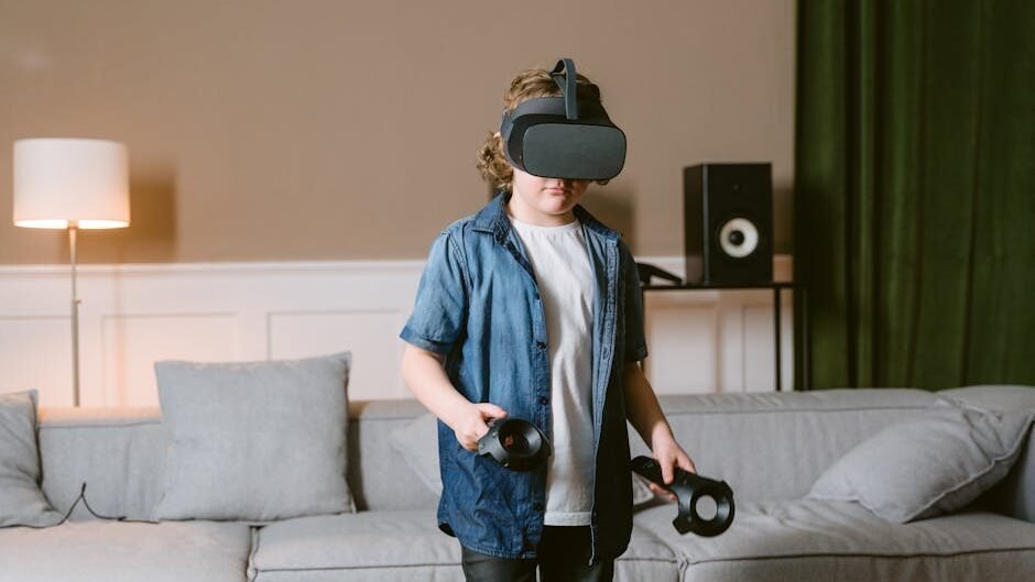 Young boy enjoying virtual reality gaming with VR headset and controllers indoors.
