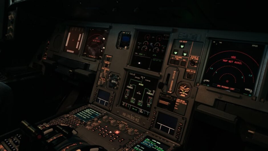 the cockpit of an airplane at night time