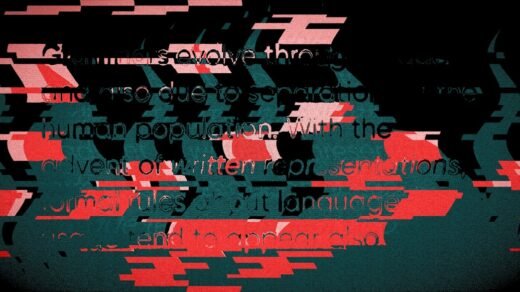 Glitchy abstract background with text fragments.