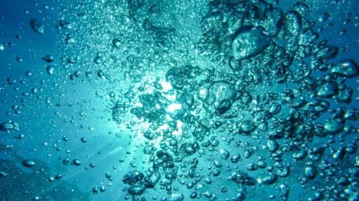 Capture of underwater bubbles rising towards the surface with sunlight streaming through.