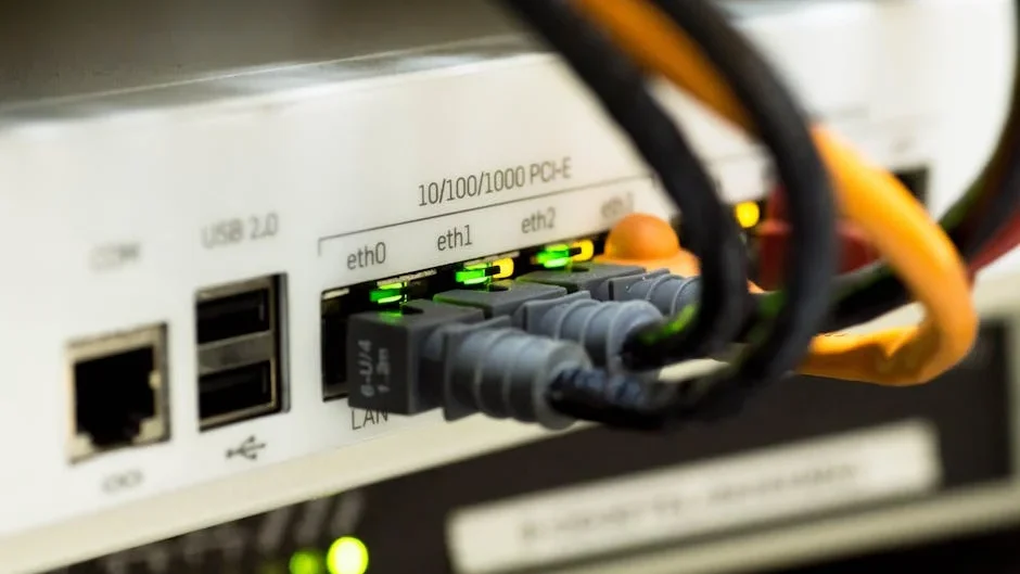 Detailed close-up of ethernet cables and network connections on a router, showcasing modern technology.