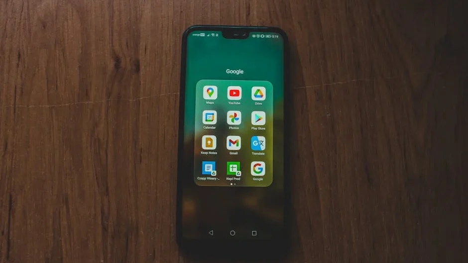 A smartphone showcasing various Google apps on a wooden table.