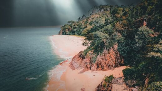 Scenic view of a coastline with cliffs and forests under a dramatic stormy sky.