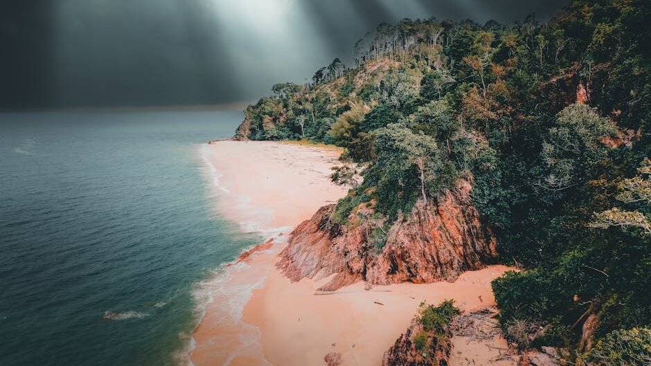 Scenic view of a coastline with cliffs and forests under a dramatic stormy sky.