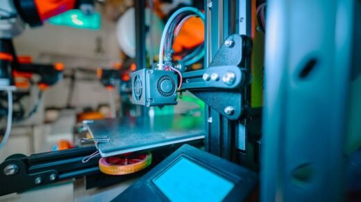 Detailed image of a 3D printer in an industrial workshop environment.