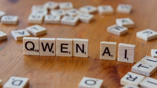 Scrabble-like tiles arranged to spell 'Qwen AI' on a wooden surface, depicting technology concepts.