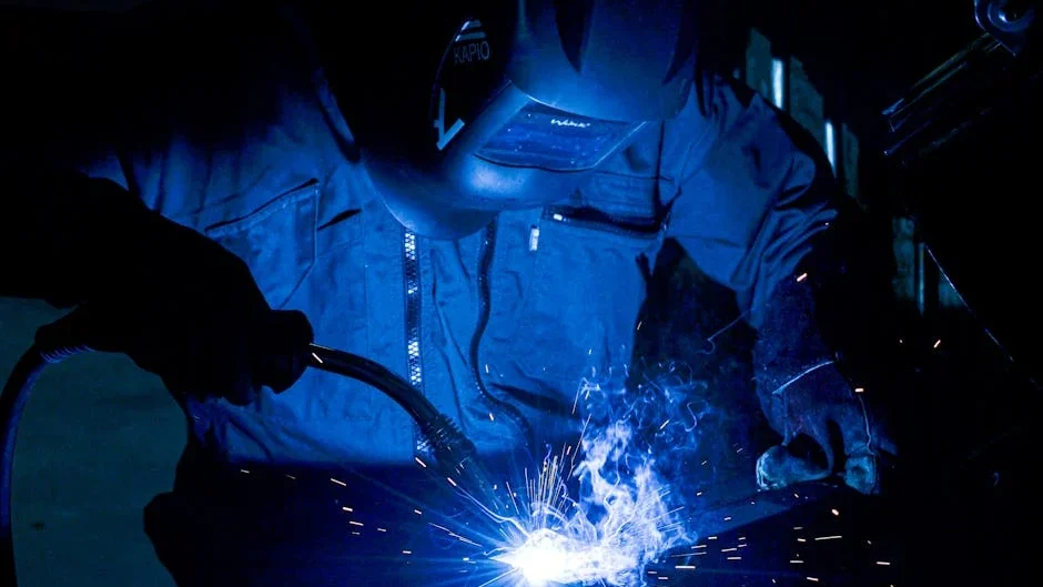 A welder using protective gear works with intense sparks flying.