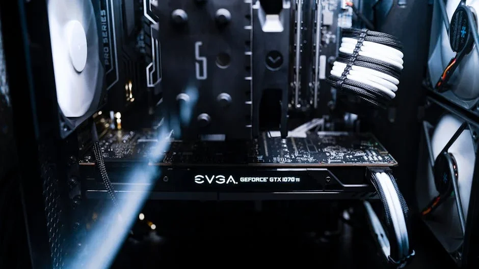 Detailed view of a contemporary gaming computer's components and cooling system.