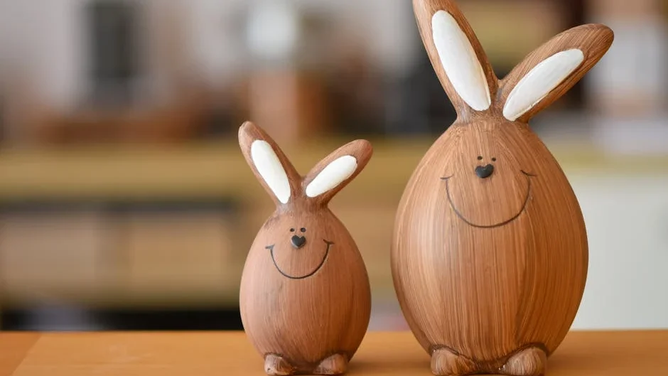 Smiling wooden bunny figures in a warm indoor setting. Perfect for Easter decor.