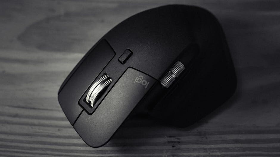 Black and white of modern game convenient computer mouse with buttons on wooden table