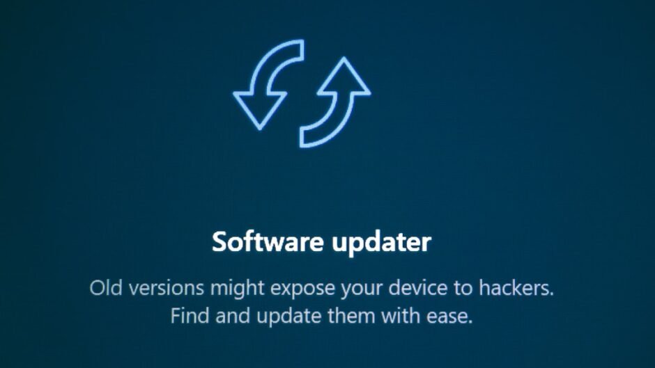 Software updater with refresh arrows icon and update icons.