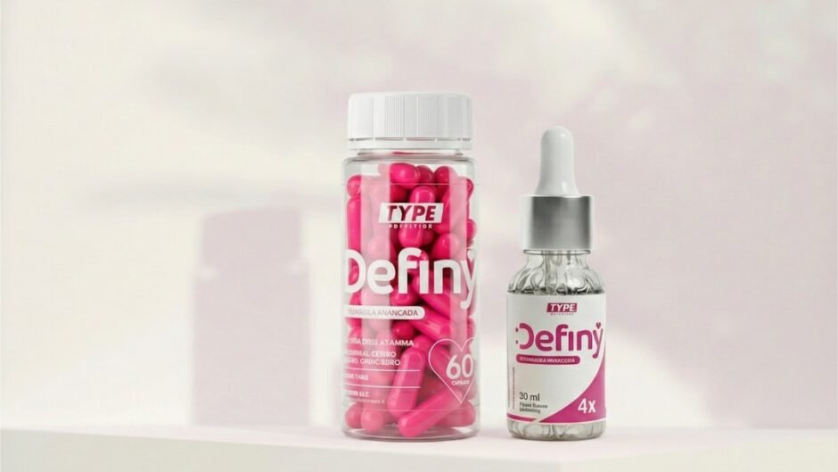 Two definy products, capsules and serum, on a white surface.