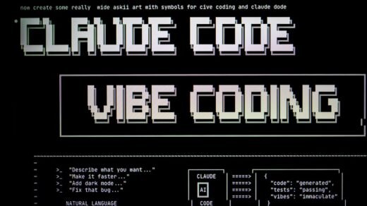 Digital art with text "claude code" and "vibe coding"