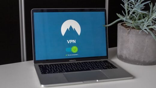 Laptop with VPN screen and a succulent plant on a desk, emphasizing online privacy and security.