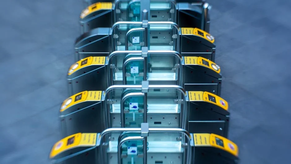 Elevated view of subway turnstiles showing modern transportation infrastructure.