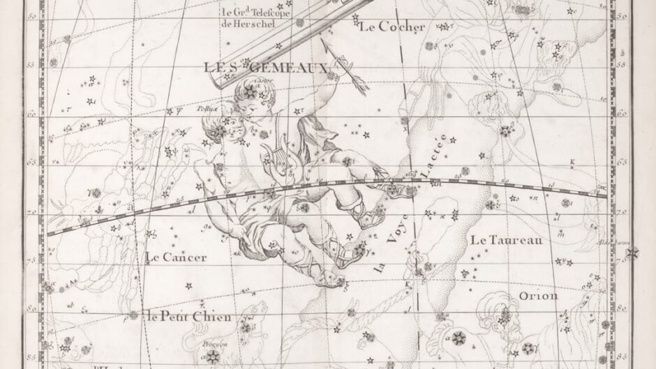 Antique celestial map of the constellation gemini.