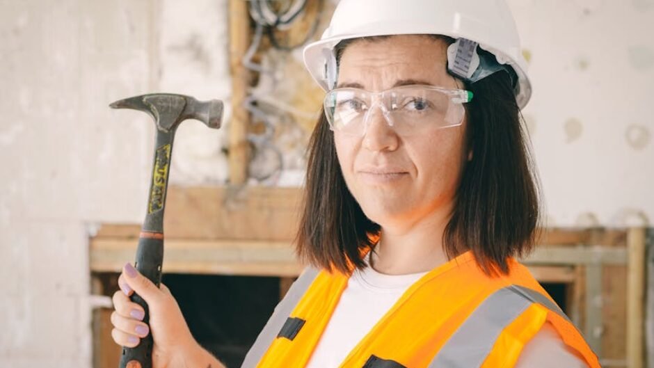 Confident female construction worker holding a hammer, equipped with safety gear including a hard hat and reflective vest.