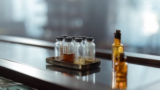 A captivating arrangement of medicine bottles on a reflective surface, evoking a sense of chemistry and alchemy.