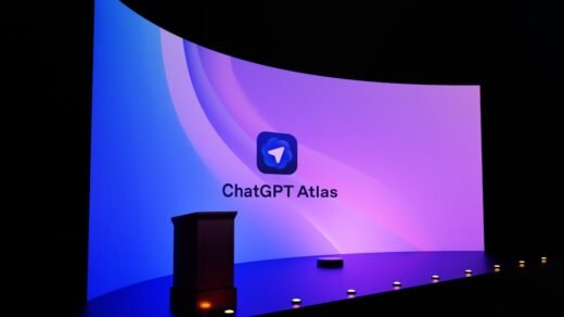 Chatgpt atlas logo displayed on a large curved screen