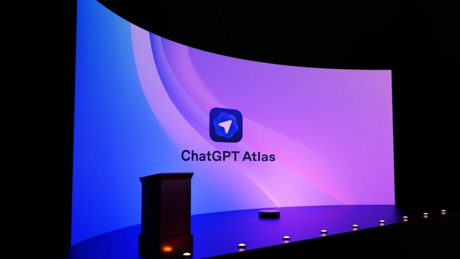 Chatgpt atlas logo displayed on a large curved screen